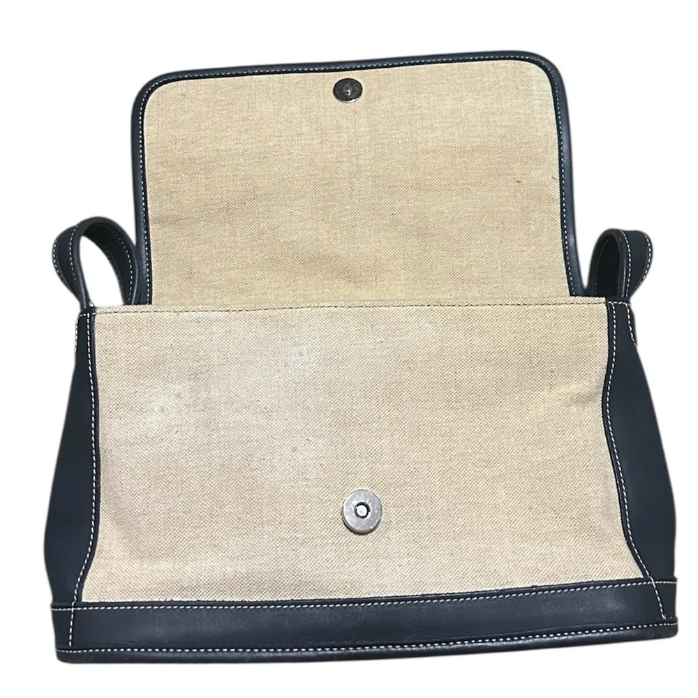 Vintage 90’s Coach Bleeker Flap Handbag Deep Navy Blue Leather & Wheat Canvas